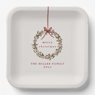 Christmas foliage wreath with red bow  paper plates