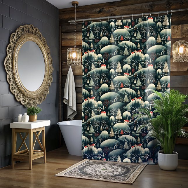 Christmas Folk Art Black Shower Curtain (Creator Uploaded)