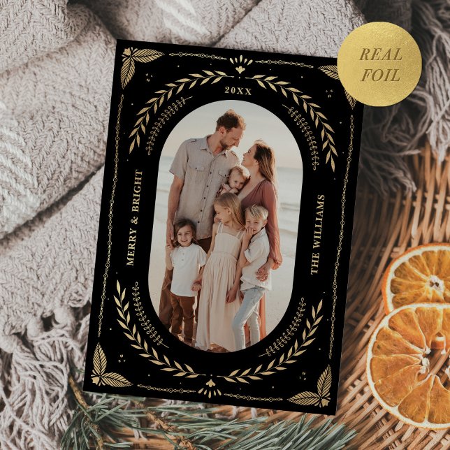 Christmas Folk Art Holiday Photo Black Gold Foil Invitation (Creator Uploaded)