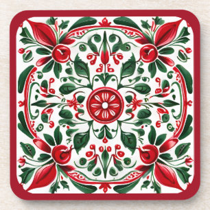 Christmas Folk-art red and green coaster