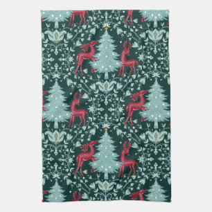 Christmas Folk Art Red Reindeer and Tree Kitchen Towel