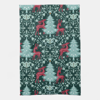 Christmas Folk Art Red Reindeer and Tree Kitchen Towel