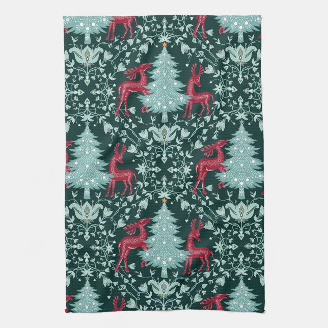 Christmas Folk Art Red Reindeer and Tree Kitchen Towel (Vertical)