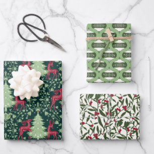 Christmas Folk Art Reindeer, Ornaments, Mistletoe Wrapping Paper Sheets