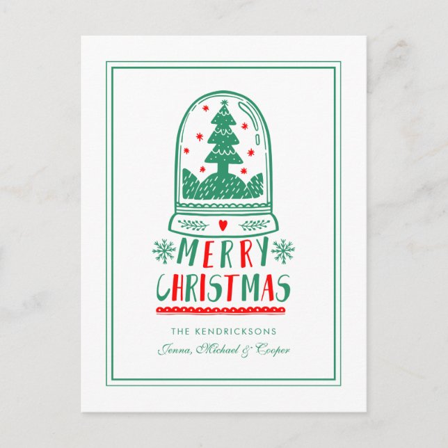 Christmas Folk Art Snow Globe Holiday Postcard (Front)