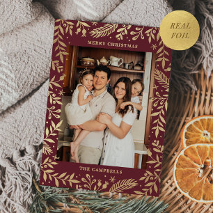 Christmas Folk Floral Photo Merlot Gold Foil Holiday Card