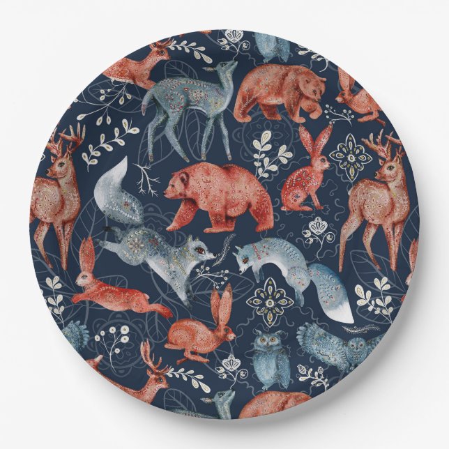 Christmas Folk Magic Animal Botanicals Paper Plates (Front)