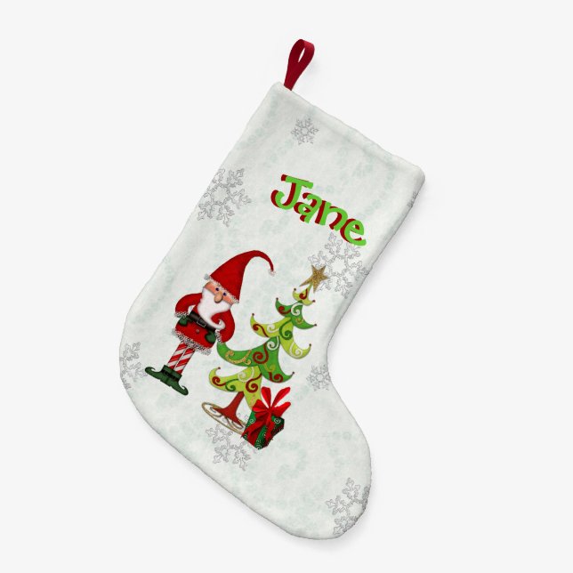 Christmas Folk Whimsey 3D Lettering PERSONALIZED Small Christmas Stocking (Front (Hanging))