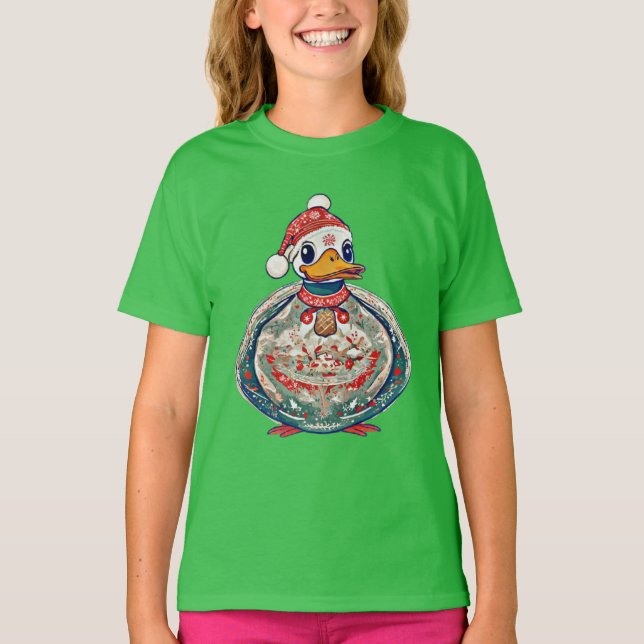 Christmas Folklore Duck Wearing A Santa Hat T-Shirt (Front)