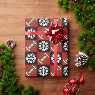Christmas Football and Snowflake Red and Black Wrapping Paper
