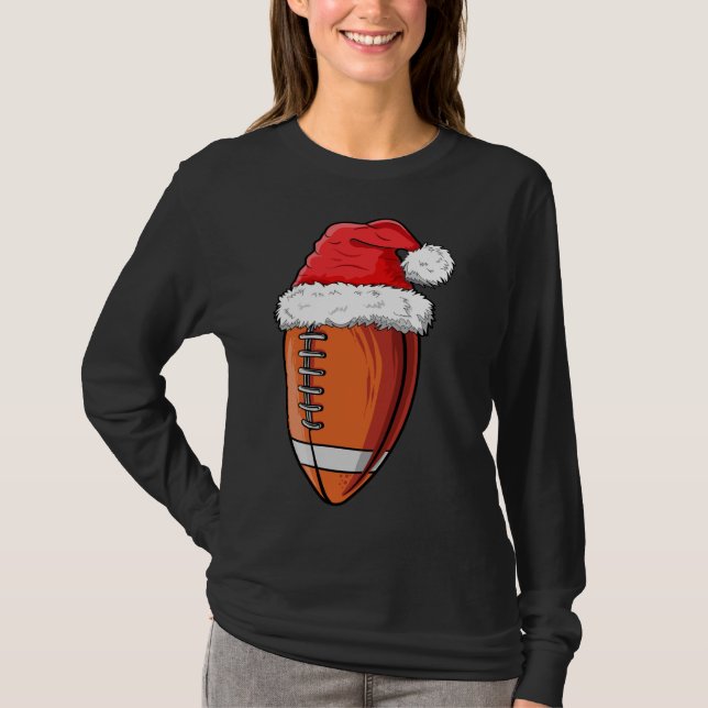 Christmas Football Ball Santa Hat Funny Sports Xma T-Shirt (Front)