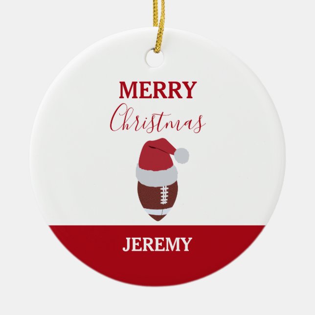 Christmas Football Gridiron Ball Custom Name Ceramic Ornament (Front)