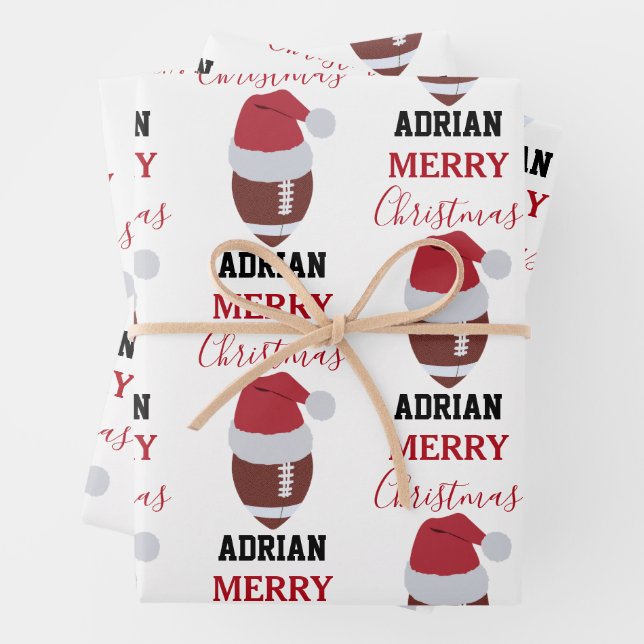 Christmas Football Gridiron Ball Custom Name Wrapping Paper Sheets (In situ)