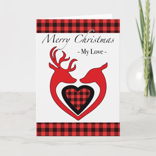 Christmas for Boyfriend, Deer Couple, Plaid Heart Card (Front)