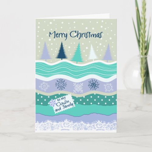 Christmas for Cousin  her Family Trees Snowflakes Holiday Card