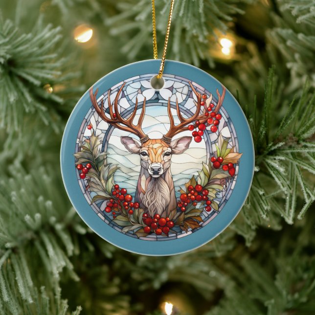 Christmas For Dad Deer Head Antlers Red Blue Ceramic Ornament (Tree)