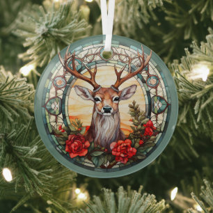 Christmas For Dad Deer Head Antlers Red Blue Glass Ornament