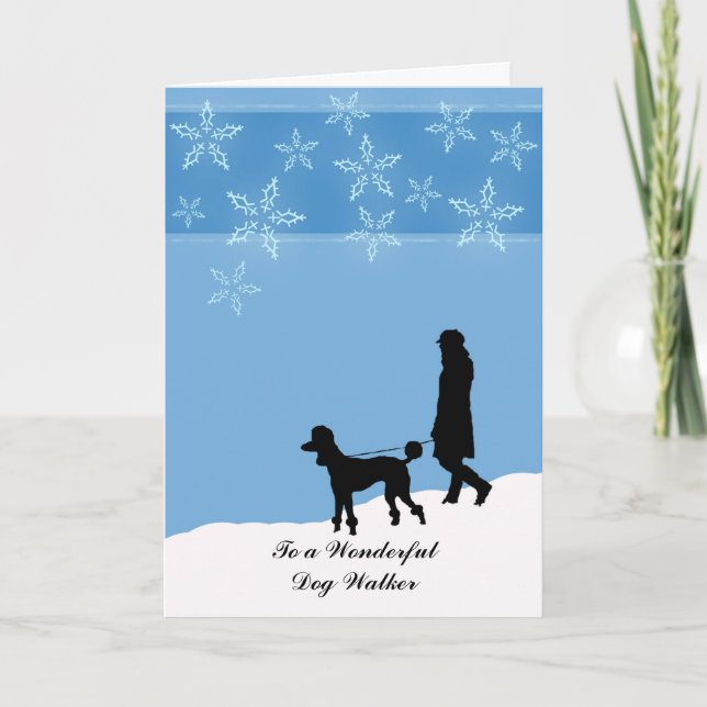 Christmas for Dog Walker, Poodle Walking in Snow Holiday Card (Front)
