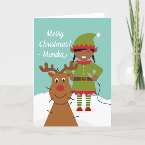 Christmas for Electrologist with Elf and Reindeer Holiday Card