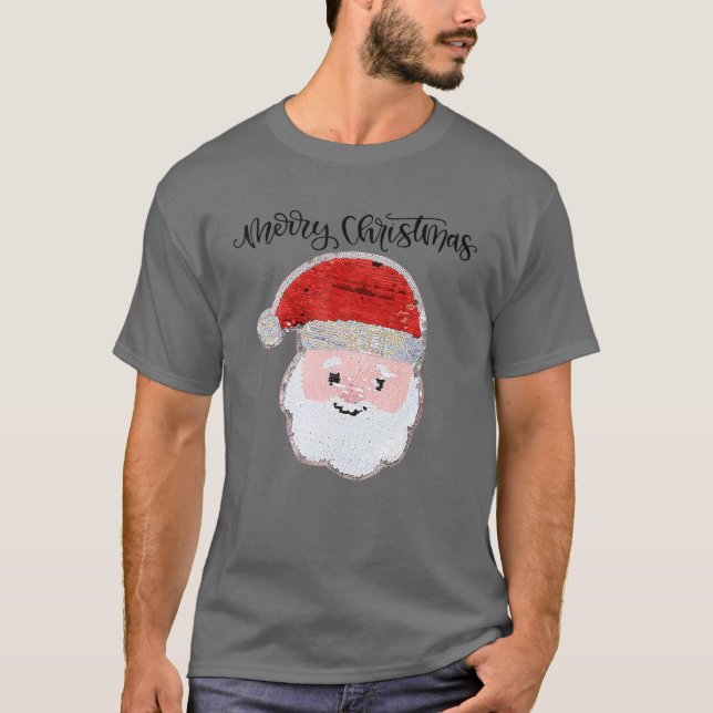 Christmas For Girls And Boys Flip Sequin Santa T-Shirt (Front)