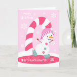 Christmas for Great Granddaughter Snowman Holiday Card<br><div class="desc">Send a great great big daughter a fun and colorful Christmas card featuring a happy ice skating snowman with a colorful candy cane and snowflakes on a light pink background. Snowman courtesy of Pretty Grafik.</div>
