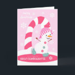Christmas for Great Granddaughter Snowman Holiday Card<br><div class="desc">Send a special great granddaughter a fun and colorful Christmas card featuring a happy ice skating snowman with a colorful candy cane and snowflakes on a light pink background. Snowman courtesy of Pretty Grafik.</div>