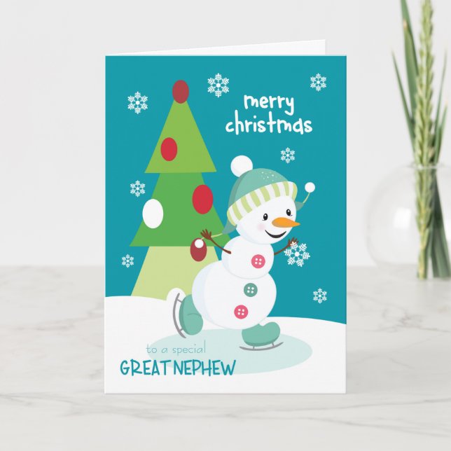 Christmas for Great Nephew Ice Skating Snowman Holiday Card (Front)