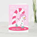 Christmas for Great Niece Ice Skating Snowman Holiday Card<br><div class="desc">Send a great great great niece a fun and festive pink Christmas card featuring a happy ice skating snowman with a colorful candy cane and snowflakes on a light pink background. Snowman courtesy of Pretty Grafik.</div>