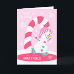 Christmas for Great Niece Ice Skating Snowman Holiday Card<br><div class="desc">Send a great great great niece a fun and festive pink Christmas card featuring a happy ice skating snowman with a colorful candy cane and snowflakes on a light pink background. Snowman courtesy of Pretty Grafik.</div>