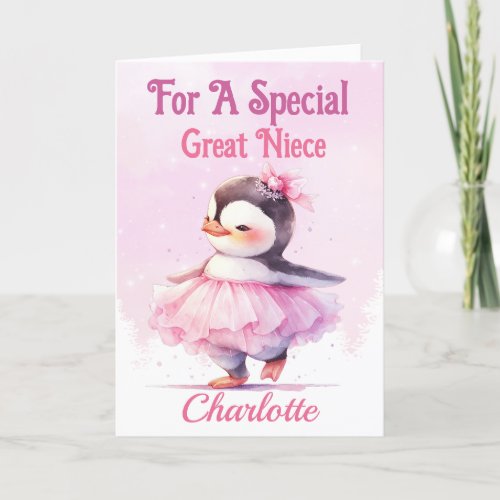 Christmas for Great Niece Penguin Pink Ballerina Holiday Card