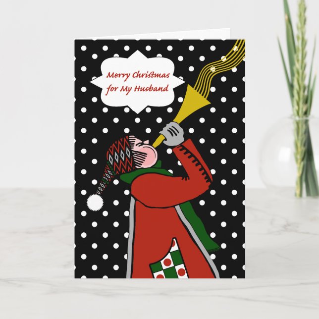 Christmas for Husband, Trumpet in Snow Storm Holiday Card (Front)
