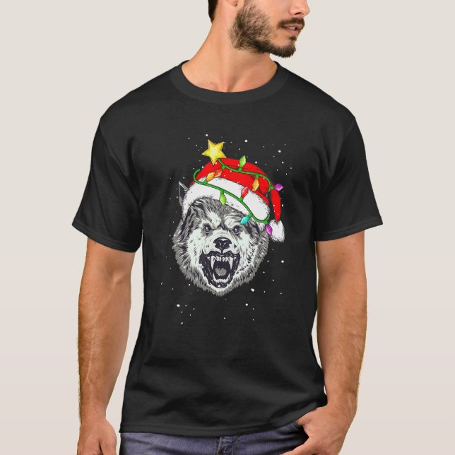 Christmas for men women kids Santa Wolf T-Shirt (Front)