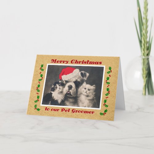 Christmas for Pet Groomer Vintage Bulldog and Cat Holiday Card