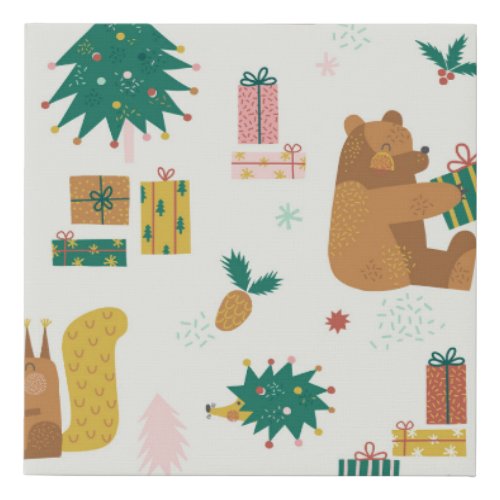 Christmas Forest Animals Vintage Vibe Faux Canvas Print