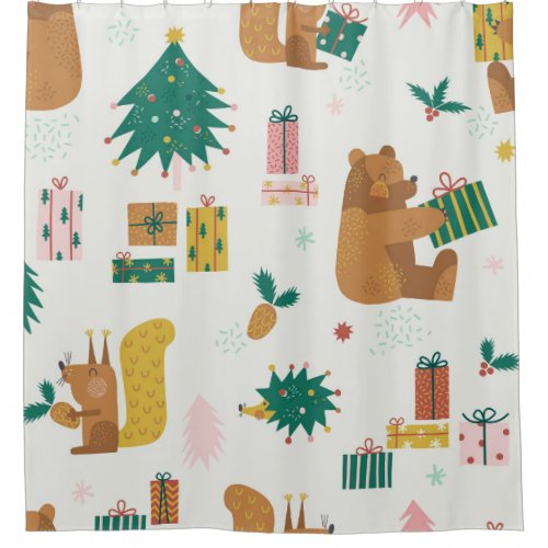 Christmas Forest Animals Vintage Vibe Shower Curtain
