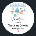 Christmas Forest Animals Watercolor Kitchen Classic Round Sticker<br><div class="desc">Kitchen stickers with a whimsical Christmas scene. Happy forest animals dancing around a decorated Christmas tree. 
Festive holiday watercolor design.</div>