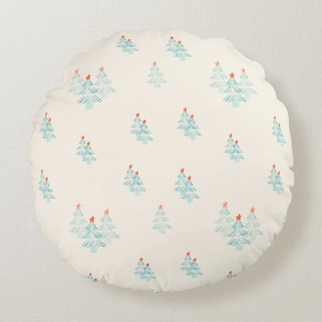 Christmas forest, Christmas trees in teal.  Round Pillow (Front)