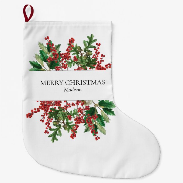 Christmas Forest Festive Berries Acorn Evergreen  Large Christmas Stocking (Front)