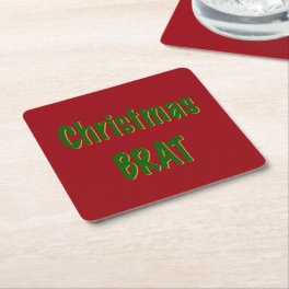 Christmas Forest Green Gold Brat On Crimson Red Square Paper Coaster