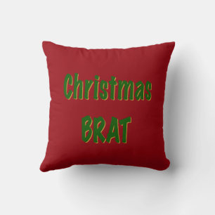 Christmas Forest Green Gold Brat On Crimson Red Throw Pillow