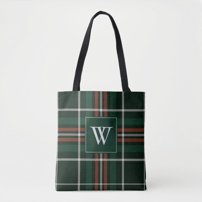 Christmas Forest Green Red Plaid Monogram Tote Bag (Front)
