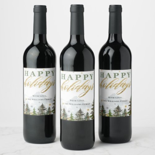 Christmas Forest Mountains Happy Holidays Wine Label
