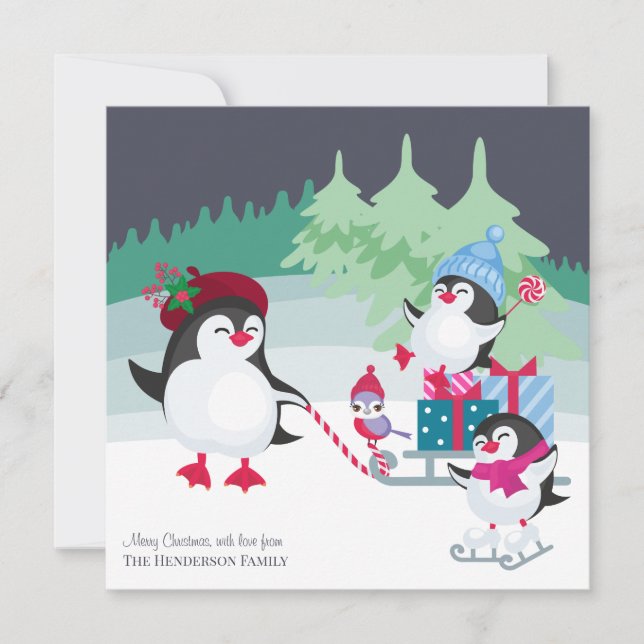 Christmas Forest Snow Scene with Cute Penguins Holiday Card (Front)