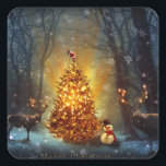 Christmas Forest                                 . Square Sticker<br><div class="desc">christmas santa claus snowman, 
frozen night colorful funny , 
vintage magic snowflake art, 
reindeer retro fun sky, 
joy snowman snow flying, 
new year celebration reindeer, 
happy xmas winter holiday, 
forest merry deer  happy, 
tree animal party cute, 
snowman christmas santa claus , </div>
