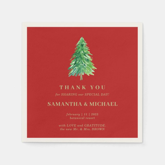 Christmas Forest TREE Red Background Thank You Napkins (Front)
