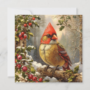 Christmas Forest with Holly Berry, Bird, Winter Holiday Card