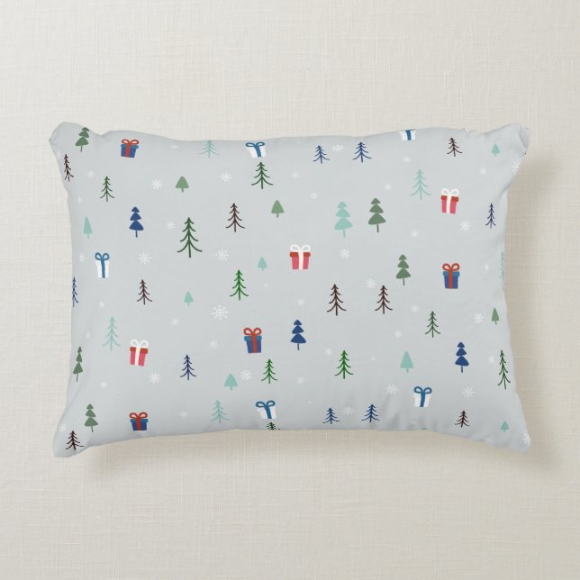 Christmas forest with presents and trees and snow accent pillow (Front)