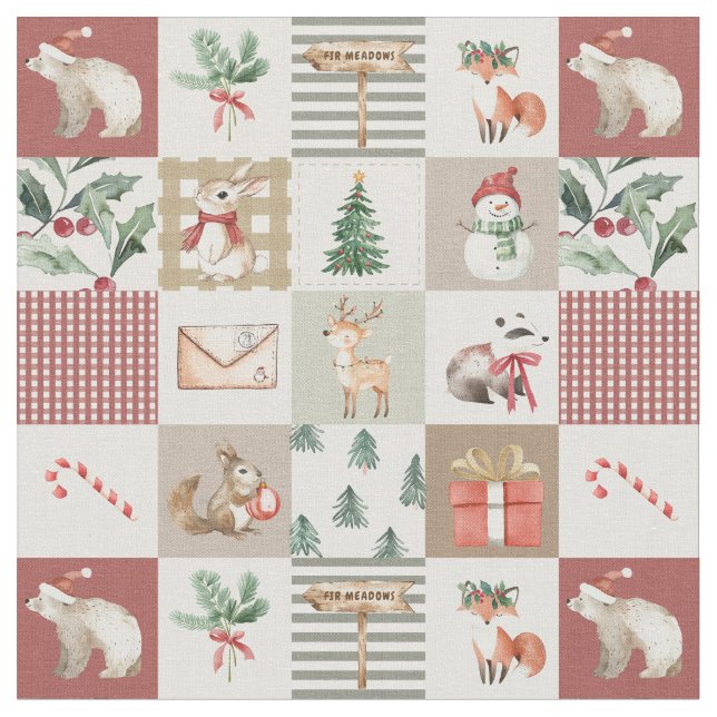 Christmas forest Woodland animals quilt neutral Fabric (Close Up)