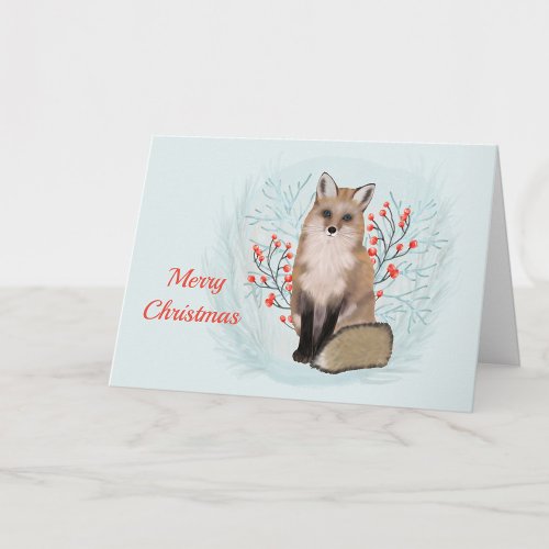Christmas Fox Berries Watercolor Holiday Card