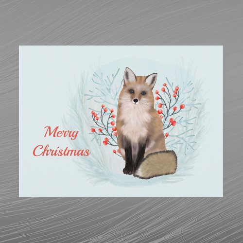 Christmas Fox Berries Watercolor Holiday Postcard